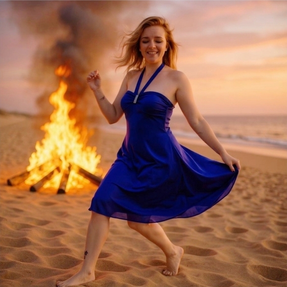 B. Wear Too ✦ Blue Halter Mini Dress ✦ Crystal Accent w/ Satin Glow & Ruffle Hem - Picture 8 of 13